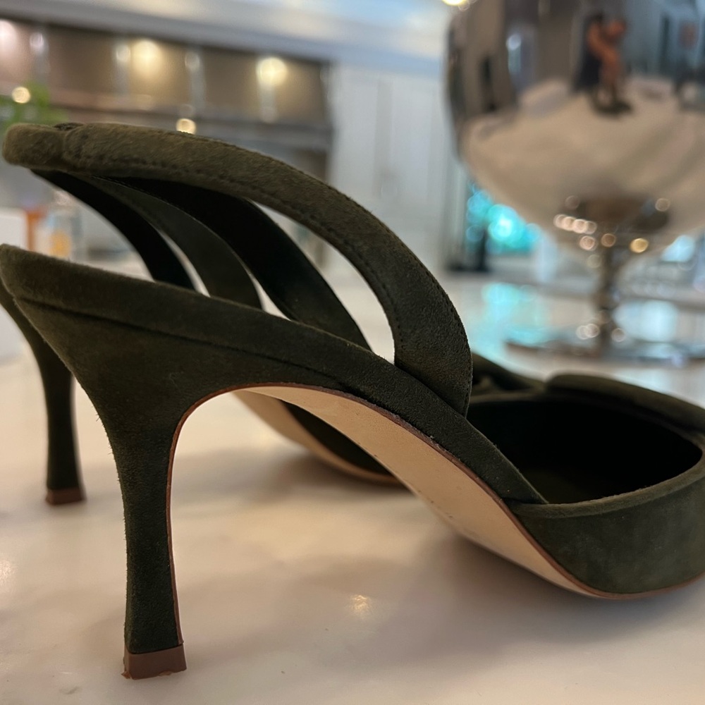 Manolo Blahnik Olive Green Slingback Kitten Heel Pumps - Picture 7 of 7